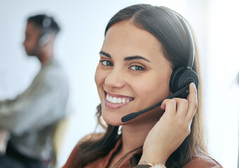 Callcenter, phone call and portrait of woman in office for customer service, telemarketing and headset at help desk. Advisor, agent or virtual assistant in client care, tech support or crm consulting