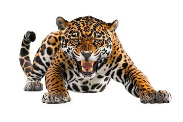 Naklejka premium a jaguar pounce with sharp claws and roared isolated on white background 