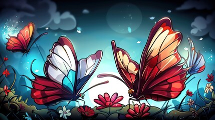 A family of armored butterflies, their wings adorned with intricate designs, flutter among the blossoms, their beauty a testament to natures artistry