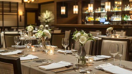 Elegant formal dining table setting in upscale restaurant with candles, flowers, and fine glassware for a special occasion