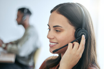 Callcenter, phone call and woman in office for customer service, telemarketing and headset at help desk. Advisor, sales agent or virtual assistant in client care, tech support or crm consulting.