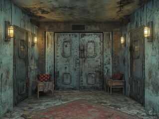 A room with a door that is open and a bench in front of it. The room is empty and has a dark, eerie atmosphere