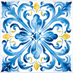 Pattern of Portuguese azulejos tiles. Rustic blue tile watercolor seamless pattern