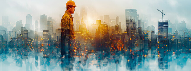 collage silhouette of a man in profile in a yellow helmet, in a silhouette image of buildings under construction,generative ai