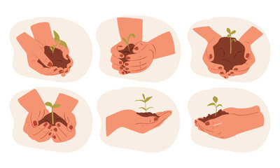 Human hand with a young plant. Set of Hands holding earth with sprout. Green energy and sustainable lifestyle concept. Save the planet vector ecology illustration. 