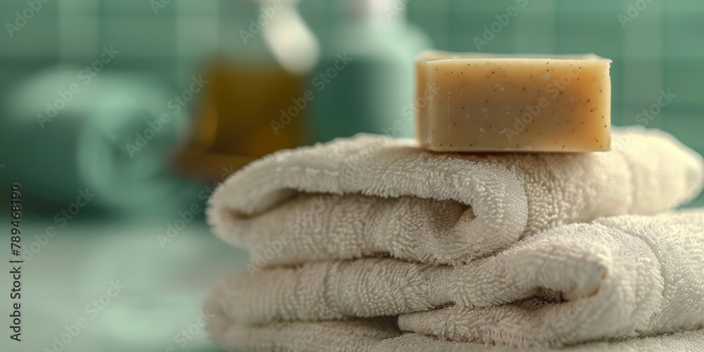 Poster neat stack of towels on counter. ideal for home decor ads