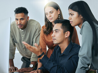 Business people, computer and teamwork plan in office, group and together for collaboration. Staff, workplace and pc for feedback or review company agenda, support and employees for online proposal