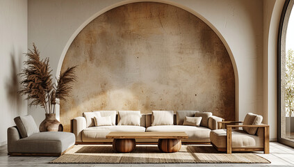 Sofa, coffee table and armchairs in a boho style interior with an arched wall behind it. Created with Ai