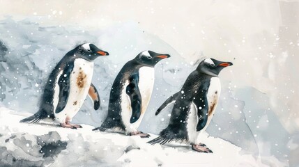 A group of penguins standing on a snow-covered slope. Suitable for winter themes - obrazy, fototapety, plakaty