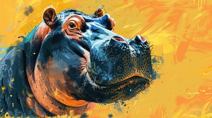 A detailed view of a hippo on a vibrant yellow backdrop. Ideal for educational materials or wildlife-themed designs - obrazy, fototapety, plakaty