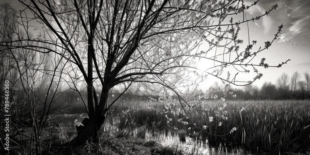 Poster a black and white photo of a tree in a field. suitable for nature and landscape themes
