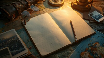 A blank notebook, with an open pencil and glasses on top of it, next to Polaroid photos and old maps