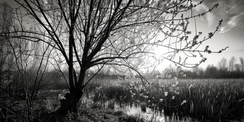 A black and white photo of a tree in a field. Suitable for nature and landscape themes