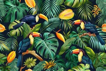 Vibrant Tropical Birds and Foliage Seamless Pattern Design. Generative Ai