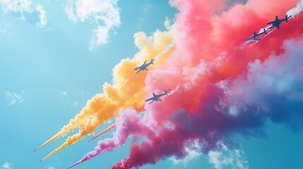 Aerobatic team in close formation releasing colored smoke in the sky  , Generative ai,