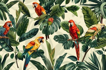 Colorful Parrots Amidst Tropical Foliage in Seamless Pattern. Generative Ai