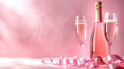 A bottle of pink champagne and two glasses with ribbons on the table, with romantic lighting and a pink background, product photography in the style of Valentine's Day theme