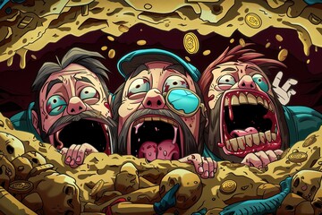 A group of treasure hunters excavates a hidden trove of gold coins, their faces beaming with joy as they unearth the valuable treasure - obrazy, fototapety, plakaty