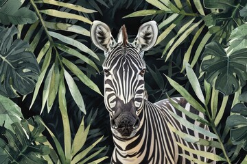 Fototapeta premium A zebra standing in front of a bunch of leaves. Suitable for wildlife and nature concepts