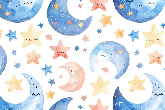 Colorful watercolor pattern featuring stars and crescents. Perfect for backgrounds or design elements