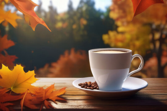 Autumn leaves and a hot steaming cup of coffee. Wooden table and a cup of coffee against the background of an autumn forest. Autumn season, free time, coffee break, September,