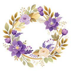 A flowery wreath with purple and yellow flowers. The flowers are arranged in a circle and are of various sizes. The wreath is very colorful and lively, giving off a cheerful and happy vibe