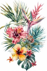 Fototapeta premium Vibrant tropical flowers and leaves in a beautiful watercolor painting. Perfect for tropical-themed designs