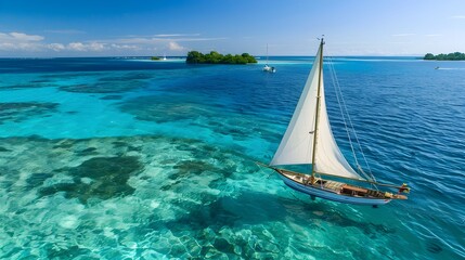 Fototapeta premium Sailboat Heritage: A Vintage Marine Voyage on Crystal-Clear Waters