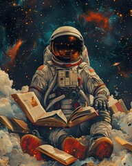 A illustration of a stressed-out astronaut surrounded by floating textbooks in space, collage of a 70s style, blending retro aesthetics with contemporary art. vintage & pop background, wallpaper, post