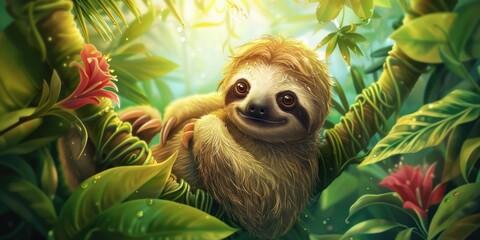 Obraz premium A sloth peacefully sitting in the jungle, suitable for nature and wildlife themes