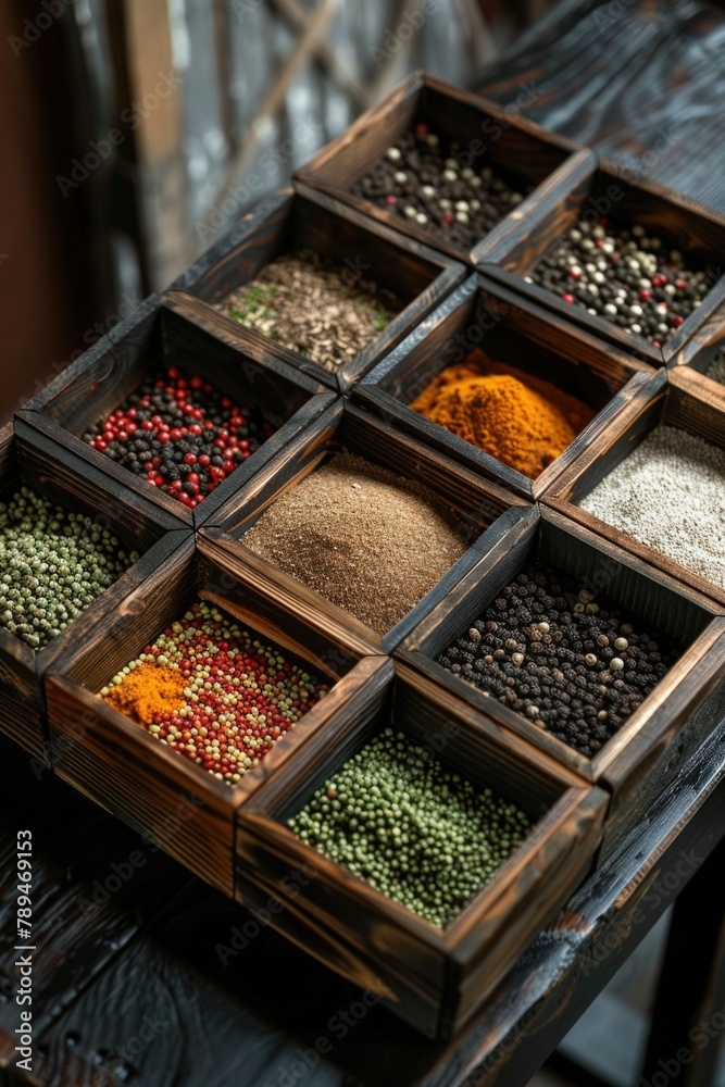 Poster various spices stored in a rustic wooden box, ideal for culinary concepts