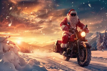 Festive Santa Claus riding a motorcycle in snowy landscape. Perfect for holiday season designs