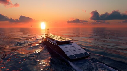Futuristic Solar-Powered Cargo Vessel Navigating the Ocean Waves at Sunset: A Vision of Sustainable Marine Transportation - obrazy, fototapety, plakaty