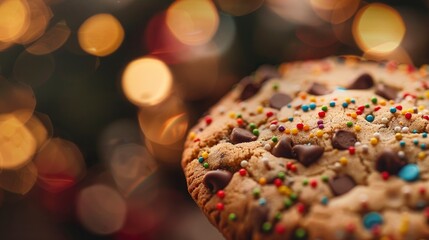 Obraz na płótnie Canvas A closeup of an ultrarealistic chocolate chip cookie with colorful sprinkles, set against the bokeh background of blurred lights.
