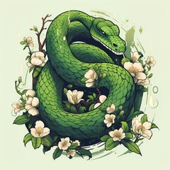 poster of green snake curled up in a ball with flowers