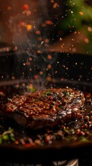 Sizzling steak with levitating spices and herbs, warm, inviting kitchen scene.