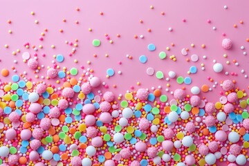 Colorful sprinkles and confetti on a vibrant pink background. Perfect for birthday parties or celebrations