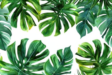 Vibrant watercolor painting of tropical leaves on white background. Perfect for tropical-themed designs