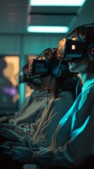 Students in virtual reality headsets.