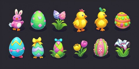 A collection of vibrantly decorated Easter eggs and charming Easter-themed elements, perfect for celebrating the holiday. Including bunny, chick, flower, Easter egg with colorful patterns 