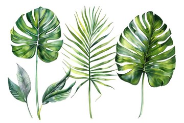 Beautiful tropical leaves painted in watercolors, perfect for botanical designs - obrazy, fototapety, plakaty