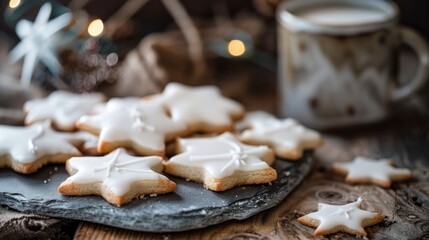 Fototapeta na wymiar A closeup photo of white star-shaped cookies with glaze, arranged on an isolated slate platter and placed next to a vintage coffee mug in the background.