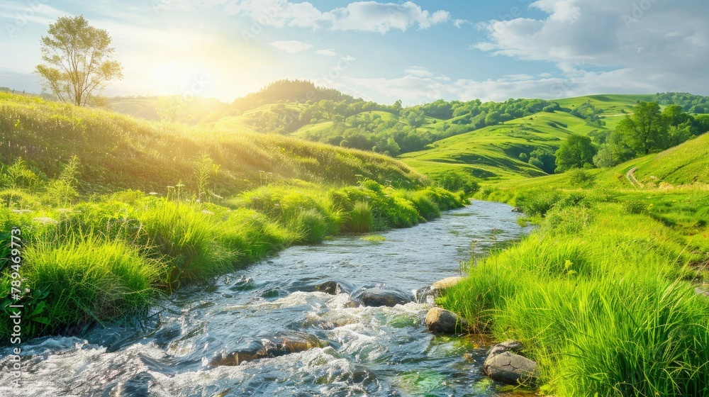 Poster A peaceful countryside landscape with rolling green hills and a clear stream flowing through, perfect for relaxation-themed concepts. 