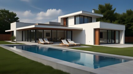 Fototapeta premium A beautiful modern home placed on an architectural blue print.generative.ai 