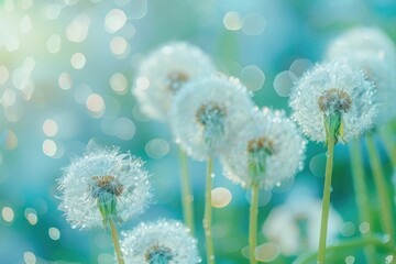 Obraz premium Beautiful white dandelions on a lush green field, perfect for nature backgrounds