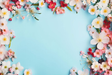 Spring flowers on blue background with copy space. Flat lay, top view