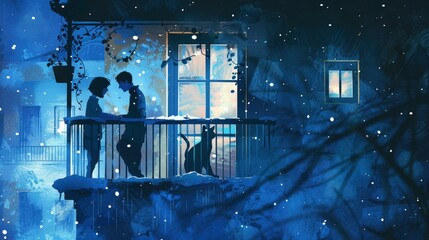 A couple of people on the balcony, with their cat looking out at them from inside, in the style of a children's book illustration, simple and cute, fully colored, light and shadow in blue tones