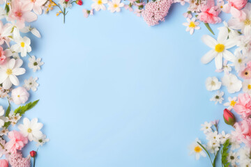 Obraz na płótnie Canvas Spring flowers on blue background with copy space. Flat lay, top view