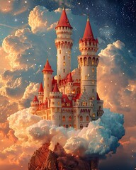 A whimsical fairytale castle floating in the clouds, retro aesthetic, collage of a 70s style, classic illustration of a 50s era, vintage & pop background, wallpaper, poster design, banner, card - obrazy, fototapety, plakaty