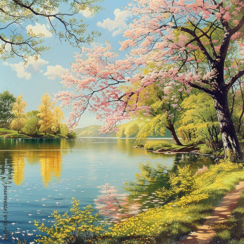 Aufkleber A tranquil lakeside scene with vibrant spring foliage reflected in the calm water, creating a sense of serenity. 
